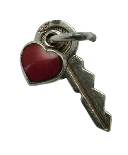 Small Vintage 1950's Silver Key & Red Enamel Heart Charm Enamel Charm - Sandy's Vintage Charms