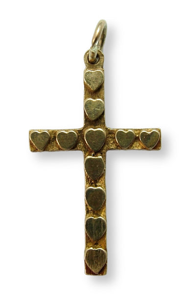 Vintage 1970's Solid 9ct Gold Cross Charm Decorated with Hearts HM 1976 Gold Charm - Sandy's Vintage Charms