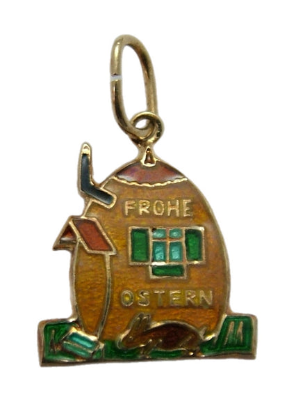 Vintage 1980's 14ct 14k Gold & Yellow Enamel Easter Egg House Charm with Rabbit Gold Charm - Sandy's Vintage Charms