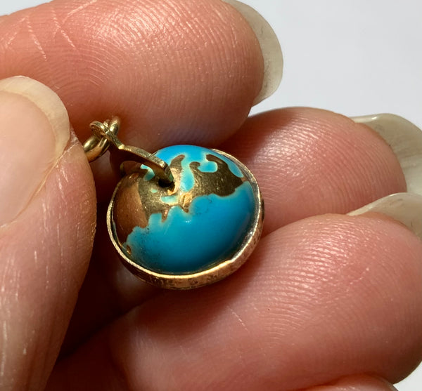 Vintage 1930's 14k 14ct Gold & Blue Enamel Rotating Globe Charm “The Whole World Revolves Around Love” Gold Charm - Sandy's Vintage Charms