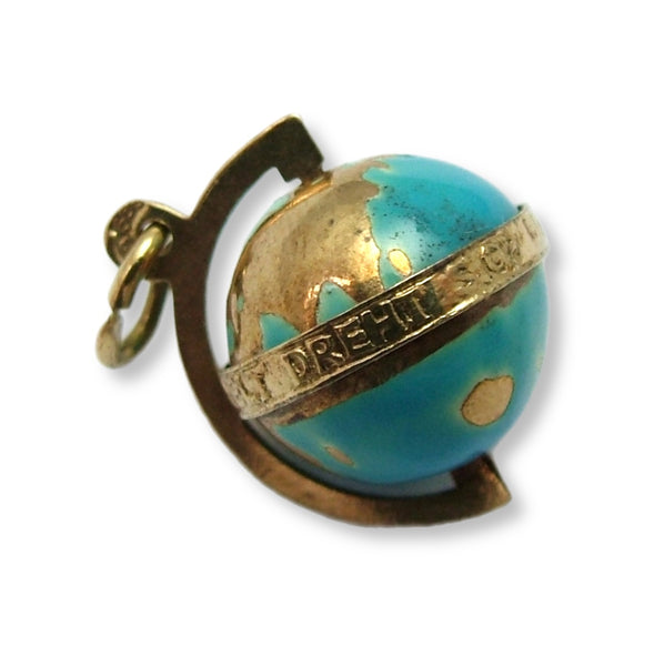Vintage 1930's 14k 14ct Gold & Blue Enamel Rotating Globe Charm “The Whole World Revolves Around Love” Gold Charm - Sandy's Vintage Charms