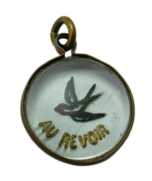 Antique Brass & Czech Glass Reverse Painted Intaglio “AU REVOIR” Swallow Charm Antique Charm - Sandy's Vintage Charms