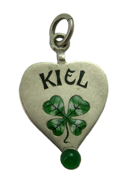 Large Antique c1910 Silver & Enamel “Kiel” Souvenir Four Leaf Clover Slider Charm Antique Charm - Sandy's Vintage Charms