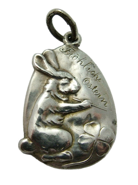 Large Antique Edwardian c1910 Silver Hollow Easter Egg & Rabbit Charm