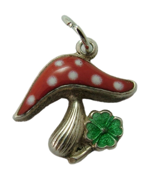 Vintage 1950's Silver & Red Enamel Lucky Toadstool Charm with Four Leaf Clover