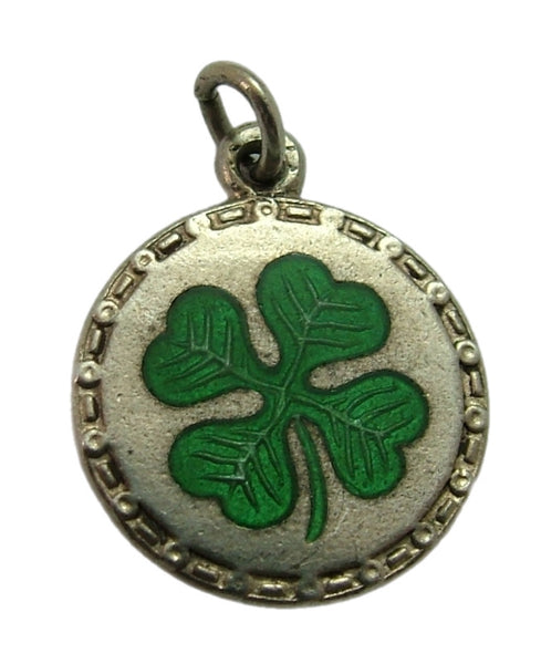 Vintage 1930's Silver & Green Enamel Lucky Four Leaf Clover Charm