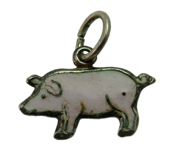 Small Vintage 1930's Silver & Pink Enamel Pig Charm