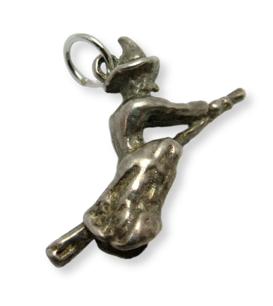 Vintage 1970's Solid Silver Witch on a Broomstick Charm (Larger) Silver Charm - Sandy's Vintage Charms