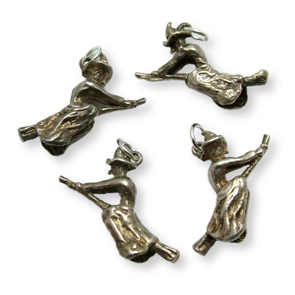 Vintage 1970's Solid Silver Witch on a Broomstick Charm (Larger) Silver Charm - Sandy's Vintage Charms