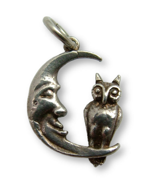 Small Vintage 1970's Solid Silver Owl Sitting in a Crescent Moon Charm HM 1978 Silver Charm - Sandy's Vintage Charms