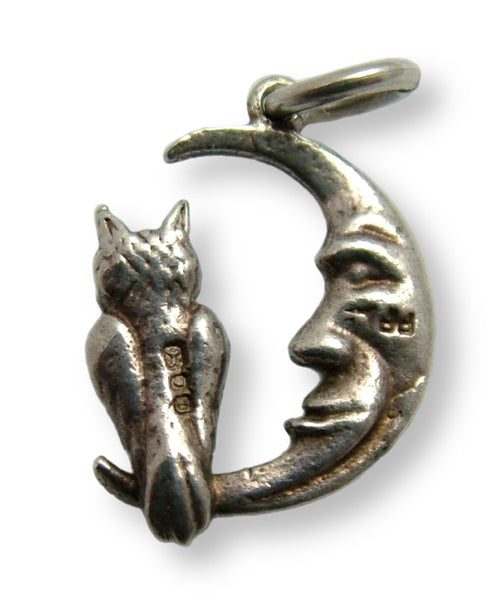Small Vintage 1970's Solid Silver Owl Sitting in a Crescent Moon Charm HM 1978 Silver Charm - Sandy's Vintage Charms