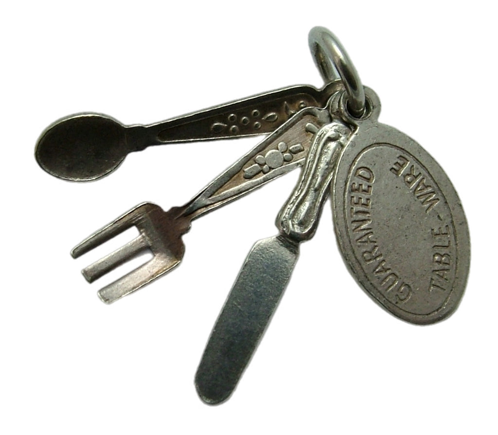 Vintage 1970's Solid Silver Cutlery Set Charm inc. Knife, Fork & Spoon Silver Charm - Sandy's Vintage Charms