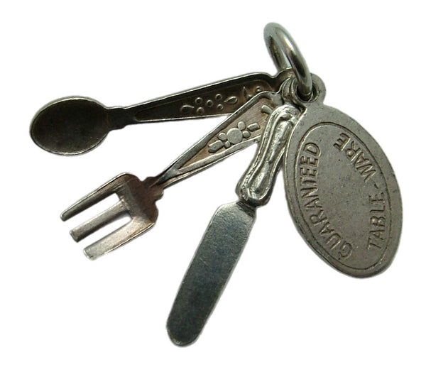 Vintage 1970's Solid Silver Cutlery Set Charm inc. Knife, Fork & Spoon Silver Charm - Sandy's Vintage Charms