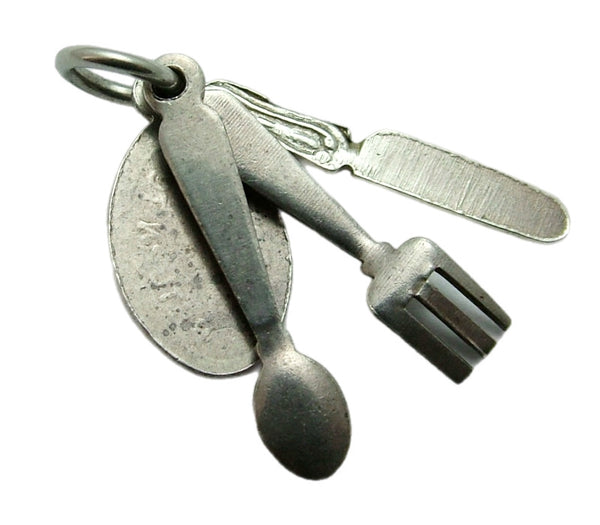 Vintage 1970's Solid Silver Cutlery Set Charm inc. Knife, Fork & Spoon Silver Charm - Sandy's Vintage Charms