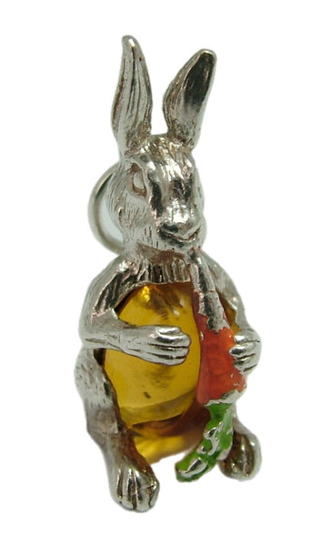 Vintage 1970's Solid Silver Rabbit Charm with Amber Glass Belly and a Carrot Silver Charm - Sandy's Vintage Charms