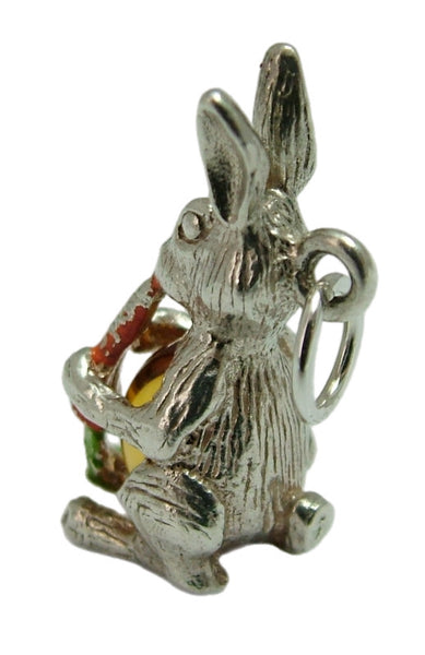 Vintage 1970's Solid Silver Rabbit Charm with Amber Glass Belly and a Carrot Silver Charm - Sandy's Vintage Charms