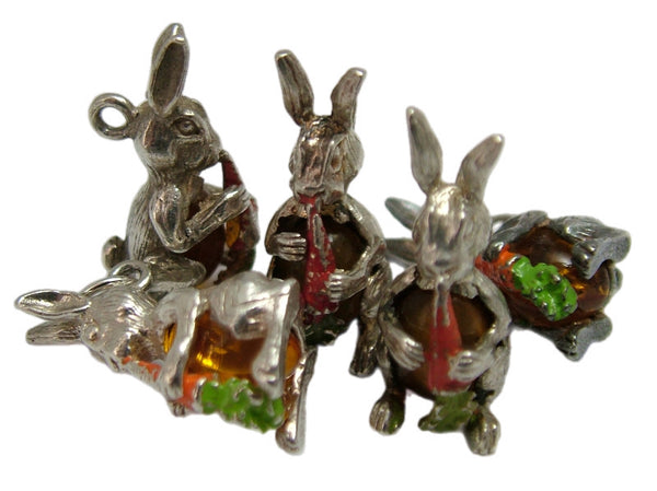 Vintage 1970's Solid Silver Rabbit Charm with Amber Glass Belly and a Carrot Silver Charm - Sandy's Vintage Charms