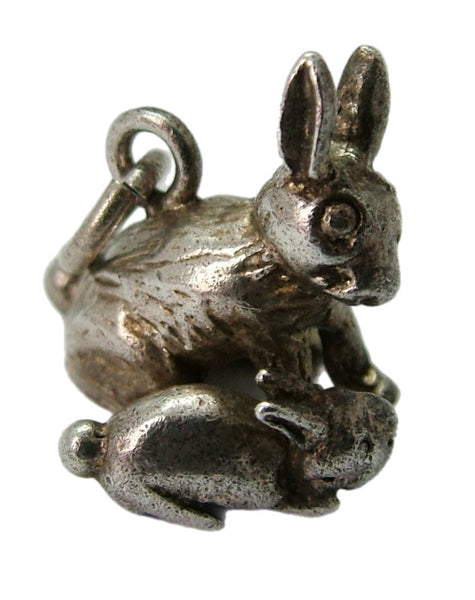Vintage 1970's Solid Silver Mother & Baby Bunny Rabbit Charm Silver Charm - Sandy's Vintage Charms