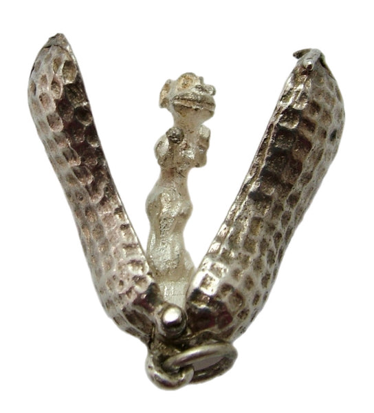 Large Vintage 1970's Silver Opening Peanut Charm Monkey Inside Silver Charm - Sandy's Vintage Charms