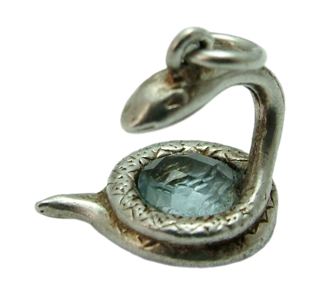 Vintage 1970's Solid Silver Snake Charm Coiled Around a Blue Crystal Silver Charm - Sandy's Vintage Charms