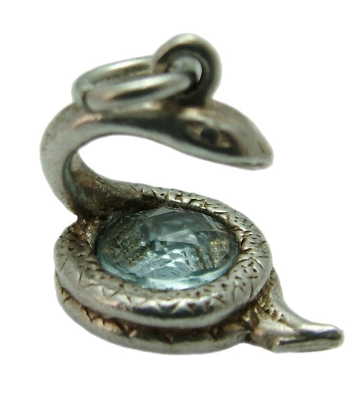 Vintage 1970's Solid Silver Snake Charm Coiled Around a Blue Crystal Silver Charm - Sandy's Vintage Charms