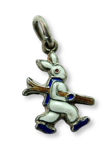 Small Vintage 1950's Silver & Enamel Rabbit with Skis Charm Enamel Charm - Sandy's Vintage Charms