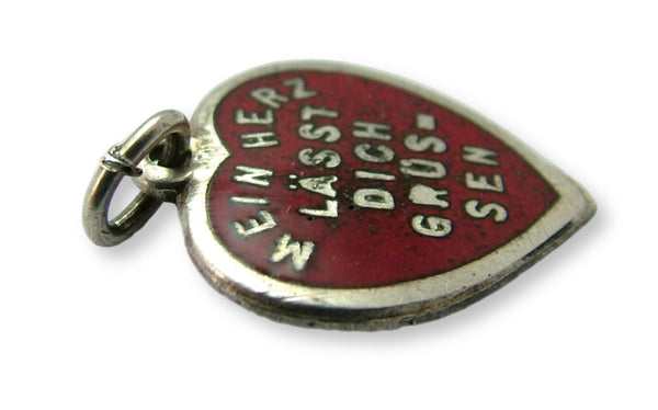 Small Vintage 1950's Silver & Red Enamel Heart Charm “My Heart Greets You” Silver Charm - Sandy's Vintage Charms