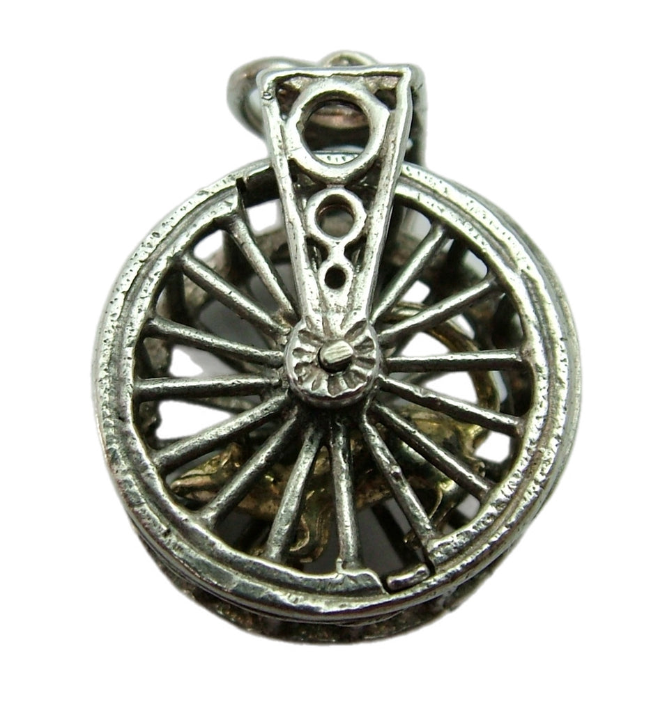 Vintage 1970's Silver Mouse Wheel Charm With Moving Gold Plated Mouse Inside Silver Charm - Sandy's Vintage Charms