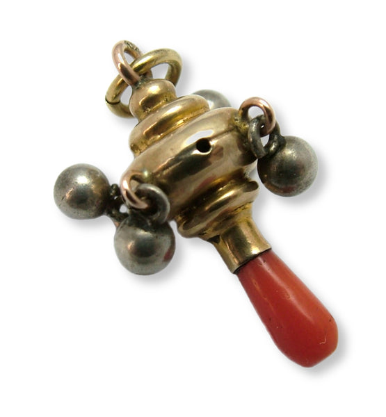 Antique Victorian c1900’s 9ct Gold, Silver & Coral Child’s Teething Rattle Charm Antique Charm - Sandy's Vintage Charms
