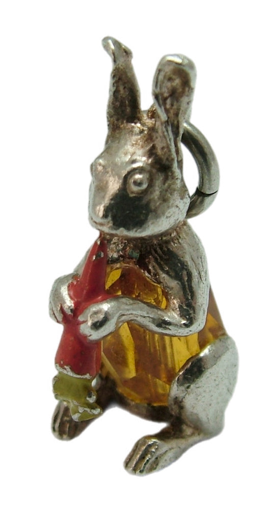 Vintage 1960's Nuvo Silver & Amber Crystal Rabbit Charm with Enamel Carrot Silver Charm - Sandy's Vintage Charms