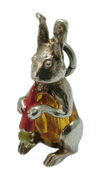 Vintage 1960's Nuvo Silver & Amber Crystal Rabbit Charm with Enamel Carrot Silver Charm - Sandy's Vintage Charms