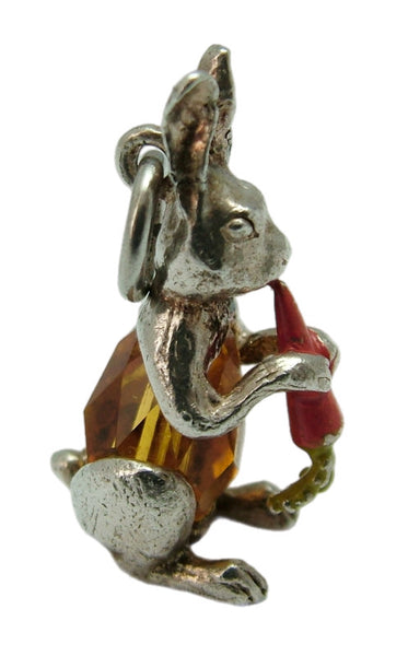 Vintage 1960's Nuvo Silver & Amber Crystal Rabbit Charm with Enamel Carrot Silver Charm - Sandy's Vintage Charms