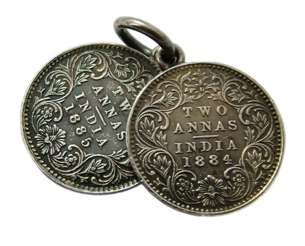 Pair of Antique Victorian Silver Indian Coin Charms for 1884 & 1885 Victorian Charm - Sandy's Vintage Charms