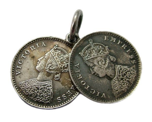 Pair of Antique Victorian Silver Indian Coin Charms for 1884 & 1885 Victorian Charm - Sandy's Vintage Charms