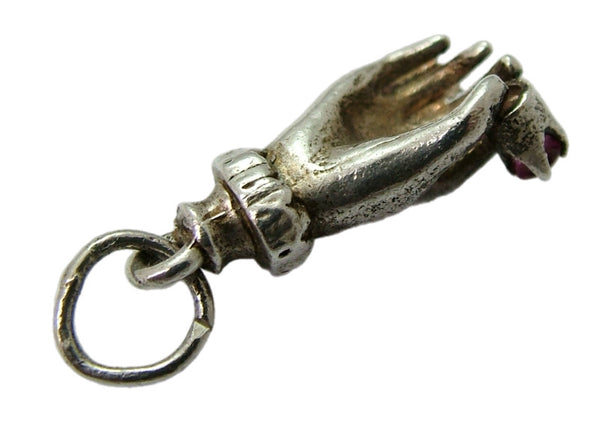 Vintage 1960’s Silver Hand Charm Holding a Pink Ruby Gemstone Silver Charm - Sandy's Vintage Charms
