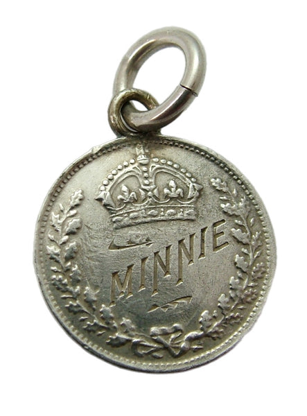 Antique Victorian Silver Engraved Love Token Coin Charm “MINNIE” Love Token - Sandy's Vintage Charms