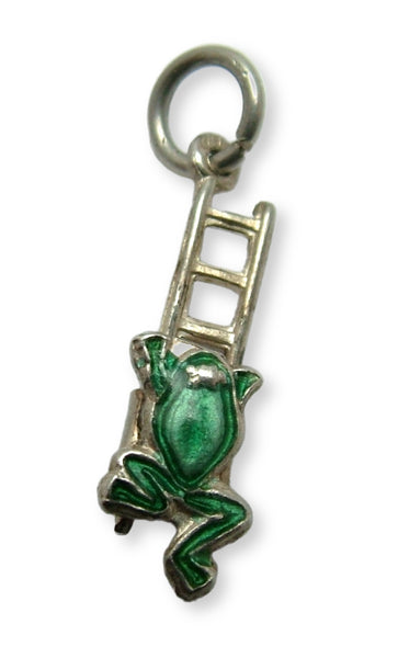 Small Vintage 1950's Silver & Moving Green Enamel Frog on a Ladder Charm Enamel Charm - Sandy's Vintage Charms