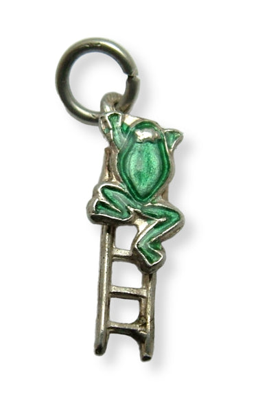 Small Vintage 1950's Silver & Moving Green Enamel Frog on a Ladder Charm Enamel Charm - Sandy's Vintage Charms