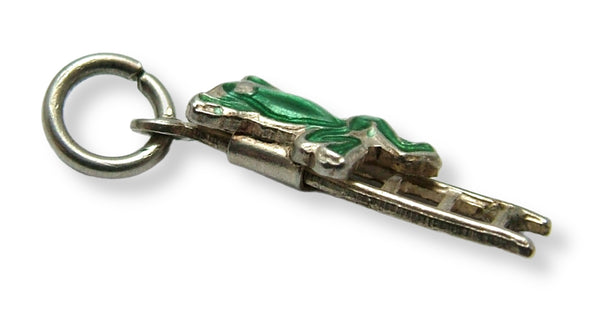 Small Vintage 1950's Silver & Moving Green Enamel Frog on a Ladder Charm Enamel Charm - Sandy's Vintage Charms
