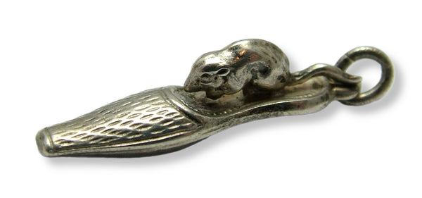 Antique Edwardian c1905 Silver Hollow Mouse in a Shoe Charm Engraved “St Corona” Antique Charm - Sandy's Vintage Charms