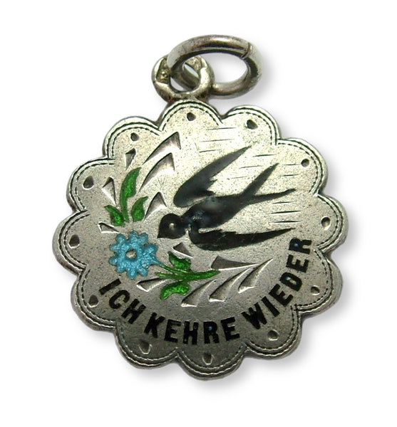 Antique c1910 Silver & Enamel "I Will Return" Swallow & Forget-me-not Charm Antique Charm - Sandy's Vintage Charms