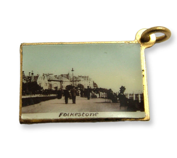 Antique Edwardian Brass Miniature Folkestone Postcard Charm Antique Charm - Sandy's Vintage Charms
