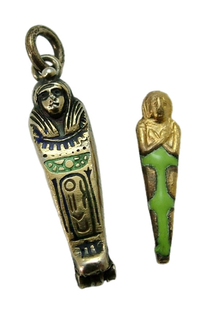 Vintage 1920's Silver Gilt & Enamel Opening Sarcophagus Charm Mummy Inside Enamel Charm - Sandy's Vintage Charms