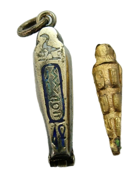 Vintage 1920's Silver Gilt & Enamel Opening Sarcophagus Charm Mummy Inside Enamel Charm - Sandy's Vintage Charms