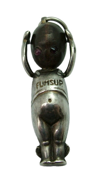 Antique WWI Silver & Wooden Fumsup Touch Wood Charm with Pink Paste Eyes Antique Charm - Sandy's Vintage Charms