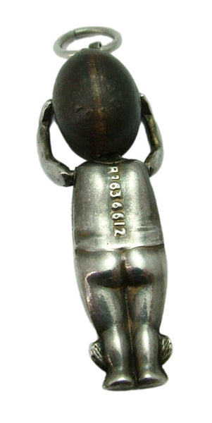 Antique WWI Silver & Wooden Fumsup Touch Wood Charm with Pink Paste Eyes Antique Charm - Sandy's Vintage Charms