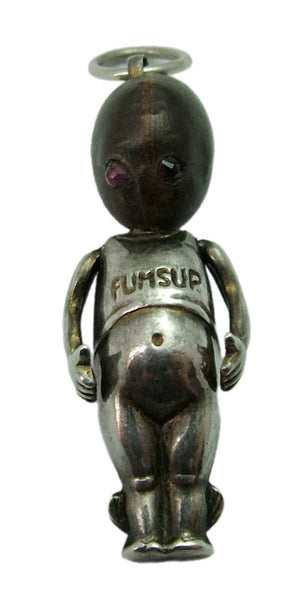 Antique WWI Silver & Wooden Fumsup Touch Wood Charm with Pink Paste Eyes