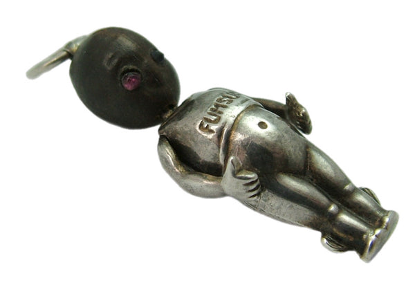 Antique WWI Silver & Wooden Fumsup Touch Wood Charm with Pink Paste Eyes Antique Charm - Sandy's Vintage Charms