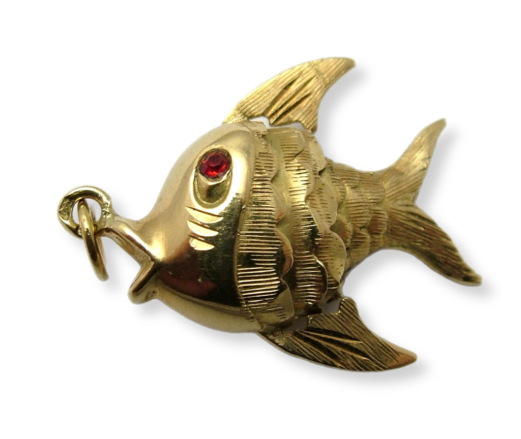 Vintage 1960’s 18ct 18k Gold Articulated Fish Charm with Red Stone Eyes Gold Charm - Sandy's Vintage Charms