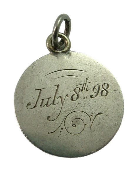 Antique Victorian Silver Engraved Love Token Coin Charm “GWEN July 8th ‘98” Love Token - Sandy's Vintage Charms